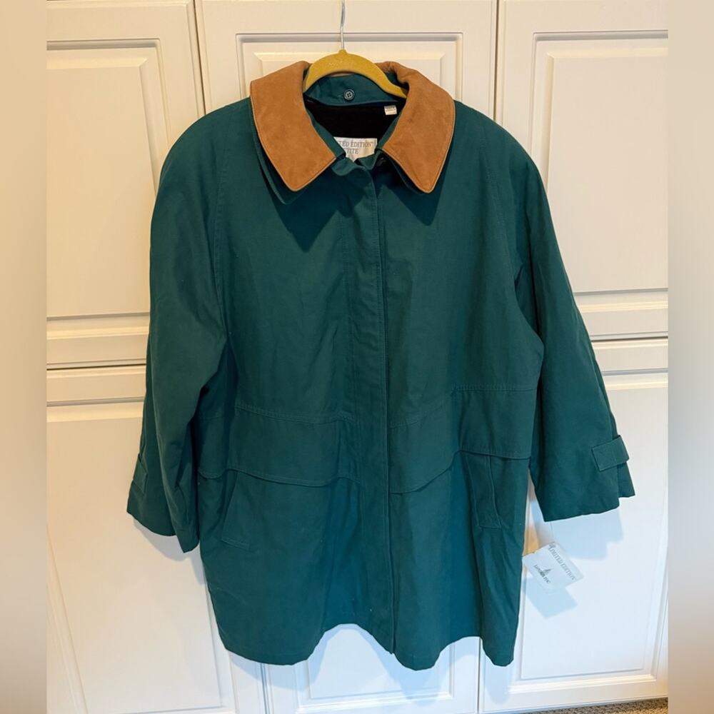 NWT London Fog Vintage Coat Jacket Size 14 Petite Dark Teal Leather Collar Barn
